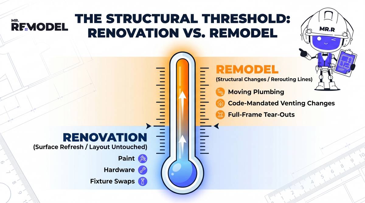 A technical complexity scale mapping out when a bathroom improvement stays a cosmetic surface renovation versus when it crosses into a structural remodel.